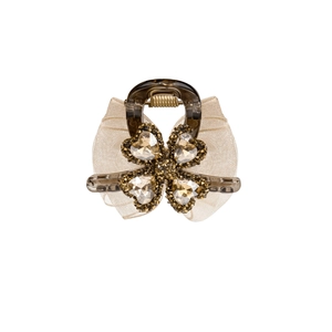 Sweet four-leaf clover hair claw with rhinestones and beige mesh bowknot accessory