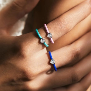 S925 sterling silver enamel heart rings with cubic zirconia stones in pink, turquoise and blue