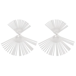 Macro detail of silver geometric fan-shaped earrings with unique radial metal lines