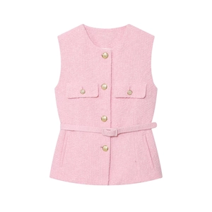 Elegant pink tweed sleeveless vest with gold buttons and waist belt for women