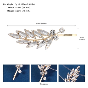 Detail view of leaf rhinestone hair clip showing 6.7cm dimensions and 5g weight