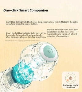 Macro view of smart cat ball toy with blue LED light and mint green power button