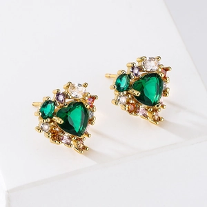 Luxury 18K gold-plated heart stud earrings with green zircon and multicolor crystals