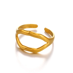 Polished 18K gold plated stainless steel wave ring with unique wavy irregular opening