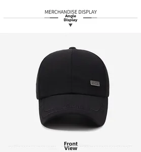 Detailed front view of black baseball cap with SPORT metal badge and FASHION embroidery