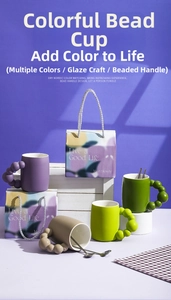 Modern ceramic mugs set with beaded handles and gift box in colorful glaze finish