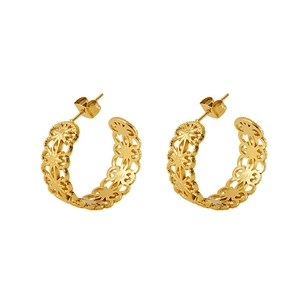 Close-up of gold-plated hoop earrings with intricate hollow-out floral pattern details