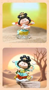 Detail of cute Tang dynasty flying fairy figurines with desert sunset background scenery