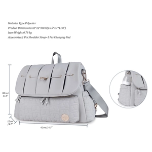 Waterproof quilted diaper bag with 42x12x30cm size specs and changing pad detail