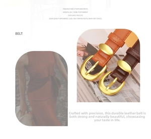 Detail of minimalist women's leather belt with matte gold oval buckle and needle pin