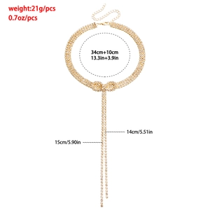 Detailed size measurement chart for gold rhinestone choker with long crystal tassels