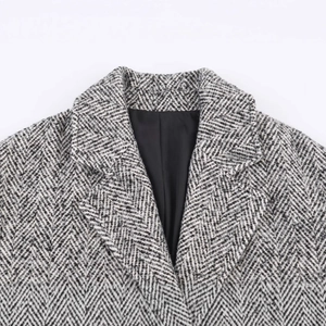 Classic herringbone double-breasted long wool coat for women in black and grey charcoal