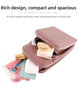 Detail of dusty pink crossbody bag showing interior capacity with lipstick and wallet