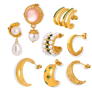 Set of 8 gold titanium steel hoop earrings with pearls, colorful zircons and rhinestones