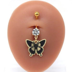 Golden butterfly navel ring with black oil drip and white zircon inlay on silicone model