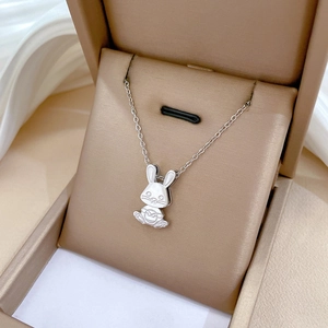 Minimalist silver titanium steel necklace featuring a rabbit pendant in a jewelry box