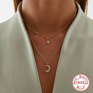 S925 Sterling Silver double layer necklace with star and moon pendants on a model