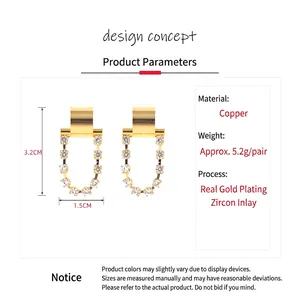 Gold plated geometric U-shaped drop earrings with micro-set zircons for women