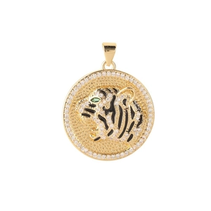 Golden tiger head pendant with black enamel stripes, green eyes and zircon outer ring