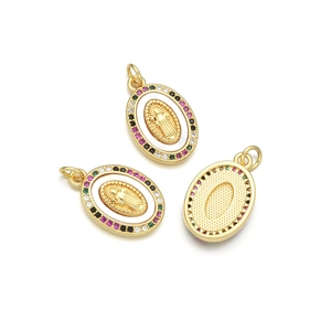 Golden Virgin Mary oval pendants with colorful gemstones and textured back on white background