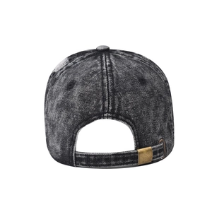 Detailed back view of vintage washed denim baseball cap with adjustable copper buckle