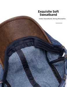Macro detail of soft cotton sweatband inside the denim ivy cap with brown leather brim
