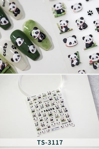 Close-up of 5D panda and bamboo embossed nail art stickers with textured 3D details