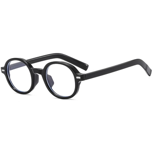 Classic round black anti-blue light glasses with silver rivets on a 45-degree angle view