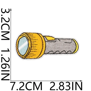 Detailed view of yellow flashlight embroidery patch with precise dimensions 7.2cm by 3.2cm