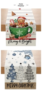 Close-up of Christmas table runner featuring gingerbread man and tree prints on linen fabric
