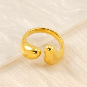 Detailed view of the 18k gold plated open ring with liquid metal teardrop design
