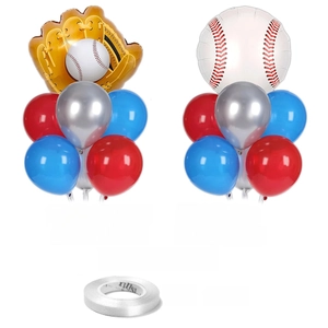 Detail of baseball theme party set featuring latex balloons and glove foil balloon