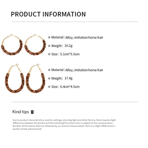 Detailed product specifications for leopard print plush earrings with alloy and horse hair