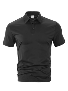 Detail view of M size tag and 100% polyester fabric on black short sleeve polo shirt
