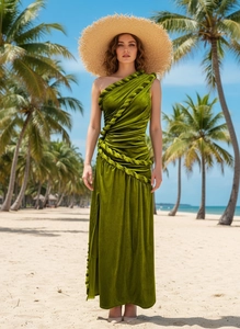 Detail of olive green velvet dress with braided single shoulder strap and slit