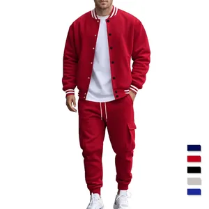 Men Varsity Jacket And Cargo Pants Polyester Elastane Fleece Lined Striped Ribbed Trim Sporty Casual Tracksuit Outfits