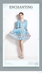 Detail of floral print on V-neck long sleeve mini dress with matching fabric belt