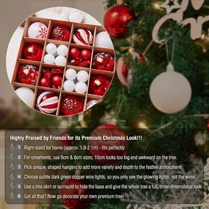 Christmas tree ornaments set with red, gold, and white glitter baubles in a gift box