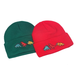 Hip hop knitted beanie hats in green and red with cute dinosaur embroidery patches