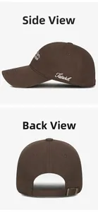 Détails d'une casquette marron avec broderie latérale et boucle en métal réglable