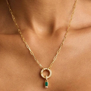 Titanium steel paperclip chain necklace with emerald green gemstone pendant for women