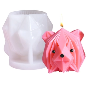 3D geometric origami dog silicone mold with finished pink animal head scented candle