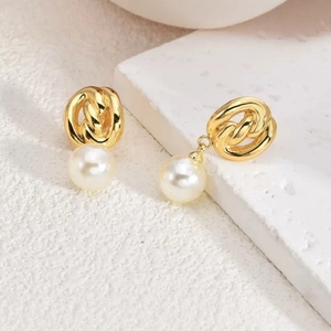 French vintage gold knot earrings with elegant round white pearl drops for women