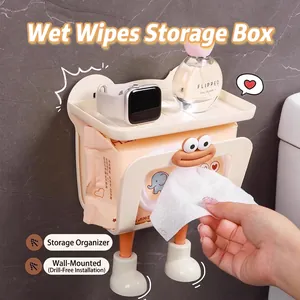 Wall Mounted Tissue Box Wet Wipe Dispenser Multi Functional Plastic Bathroom Storage Shelf Punch Free White Cartoon
