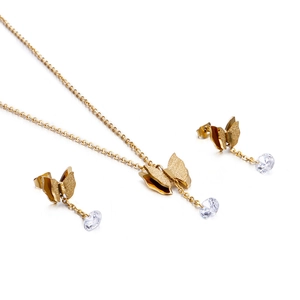 Elegantes vergoldetes Edelstahl Schmetterling Schmuckset mit Zirkonia Kette und Ohrringen