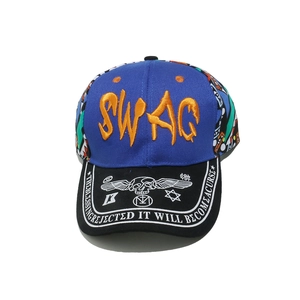 Close-up of hip hop baseball cap with Swag embroidery and colorful graffiti details