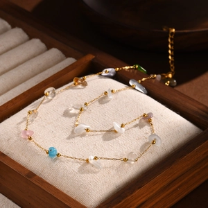 Gold stainless steel chain necklace with colorful irregular natural crushed stone beads