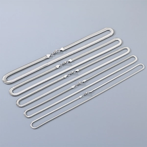 Detail view of five different widths of stainless steel flat snake chain necklaces