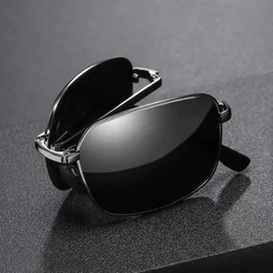 Compact folding design of silver metal sports sunglasses with polarized black lenses