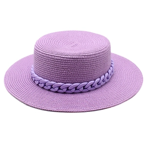 Women Boater Hat Paper Straw Flat Top Wide Brim Plastic Chain Link Decor Summer Beach Sunshade Vacation Fashion Hat